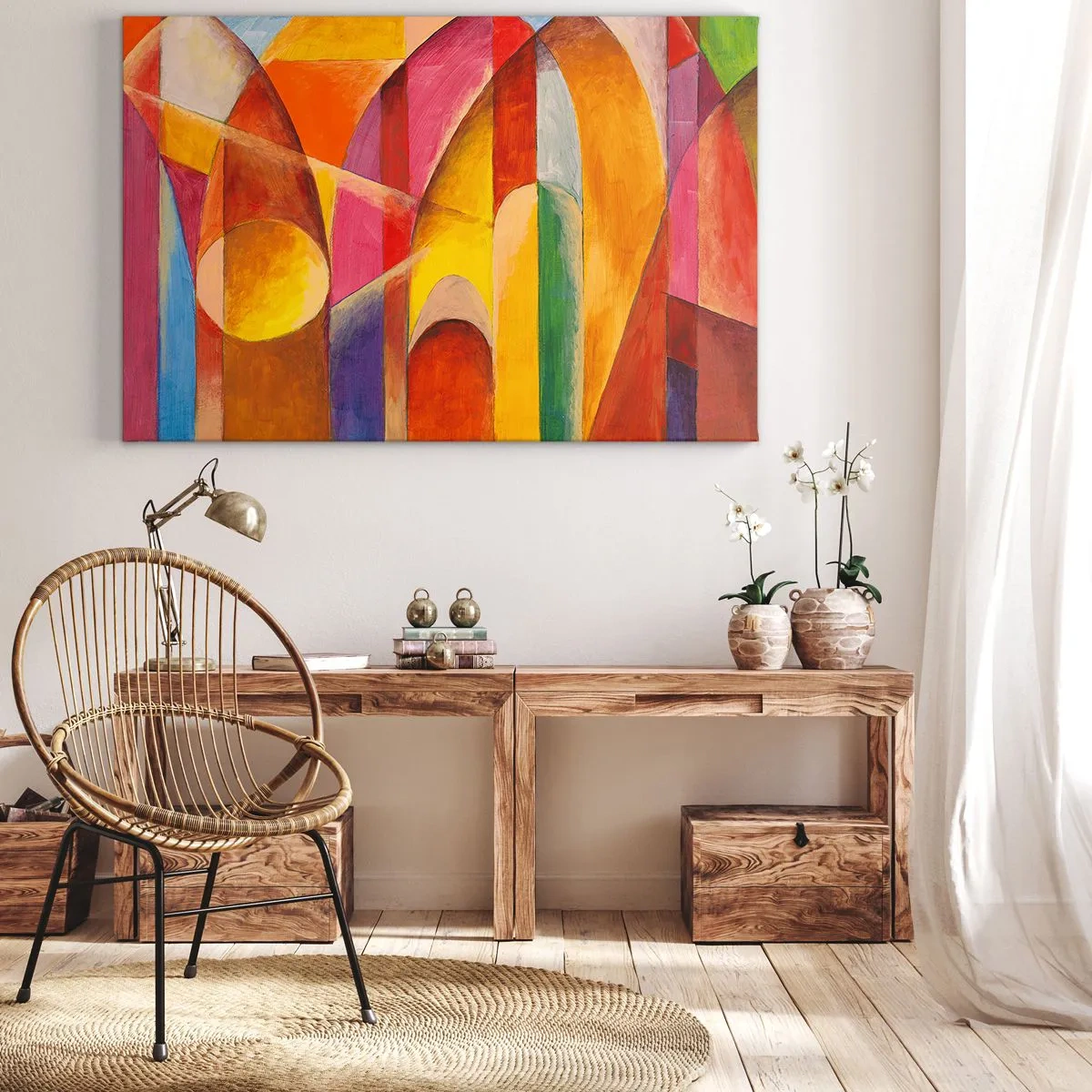 Tablou pe pânză Canvas - O compoziție abstractă plină de forme geometrice colorate. - 70x50cm - Catedrala Soarelui - Decorațiune modernă pentru perete pentru living și dormitor ARTTOR