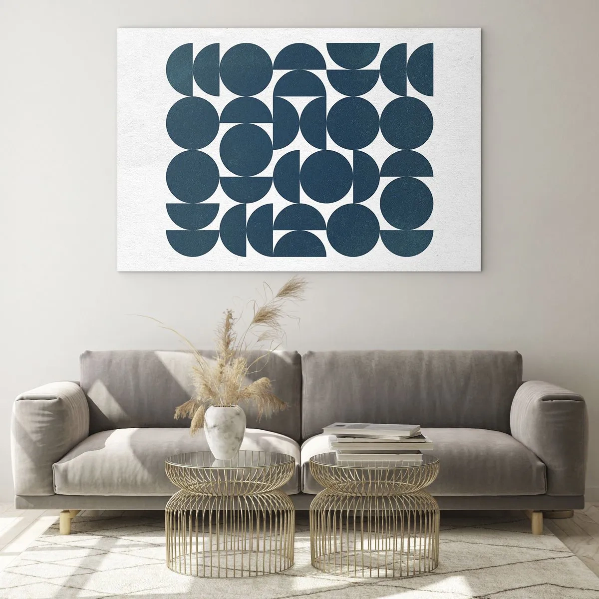 Tablou pe sticlă - O compoziție modernă realizată din cercuri și semicercuri bleumarin - 70x50cm - Cercuri și semicercuri - Decorațiune modernă pentru perete pentru living și dormitor ARTTOR