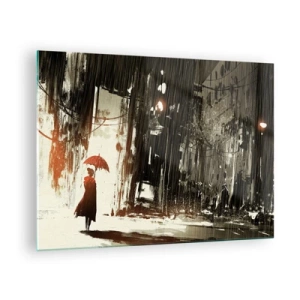 Tablou pe sticlă - O persoană cu o umbrelă roșie în ploaie pe fundalul unui oraș întunecat. - 70x50cm - Poezia umbrelei roșii - Decorațiune modernă pentru perete pentru living și dormitor ARTTOR