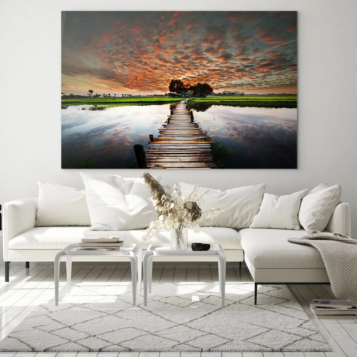Tablou pe sticlă - Pod de lemn peste râu la apus - 70x50cm - Întindeți brațele - respirați - Decorațiune modernă pentru perete pentru living și dormitor ARTTOR
