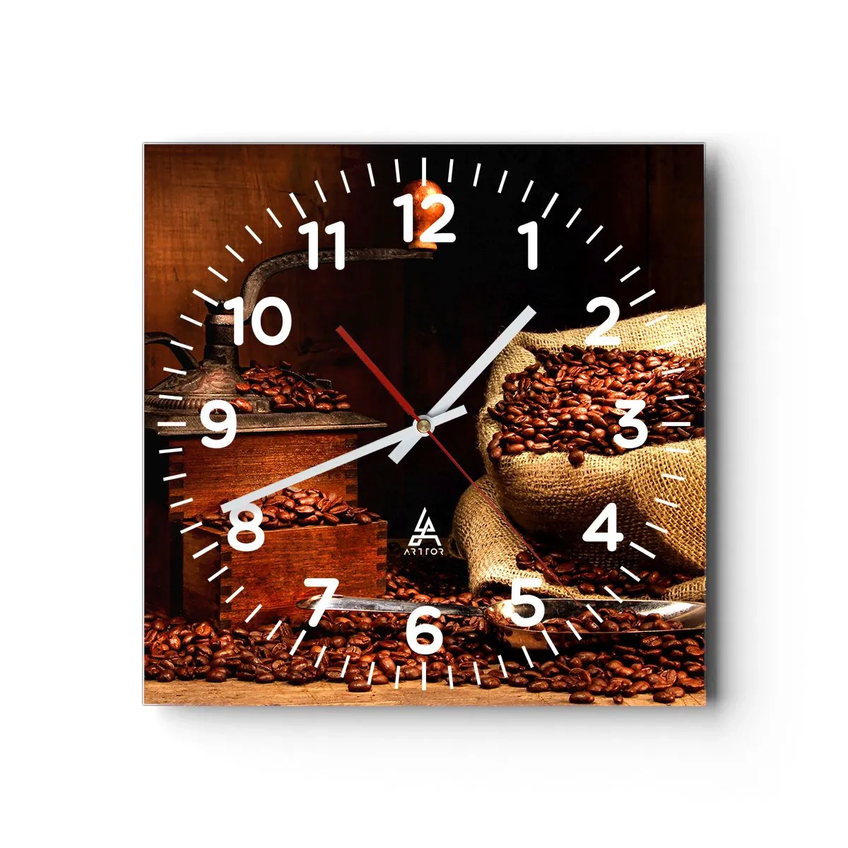 Ceas de perete - Ceas pe sticlă - Natură moartă cu boabe de cafea și măcinător - 30x30 cm