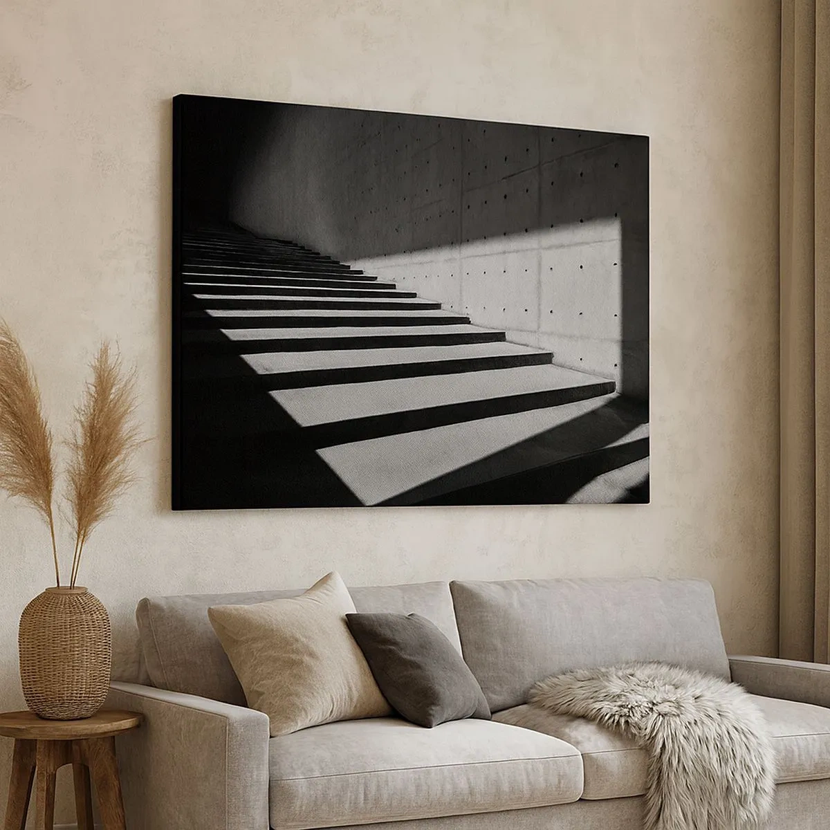 Tablou pe pânză Canvas - Scări în stil minimalist în alb și negru - 70x50cm - Frumusețea brută a modernismului - Decorațiune modernă pentru perete pentru living și dormitor ARTTOR