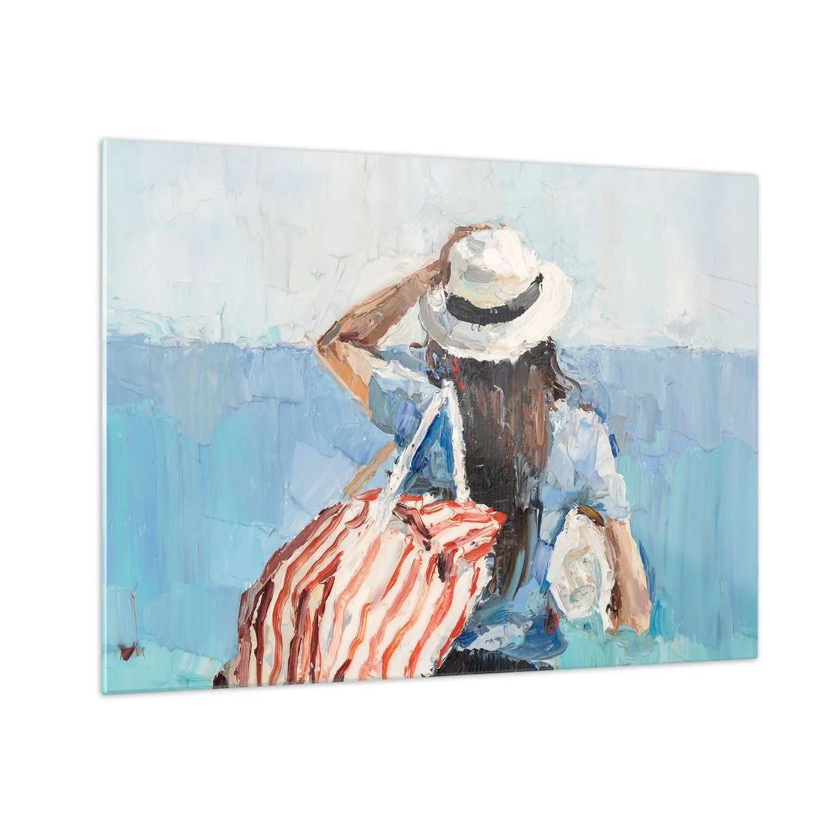 Tablou pe sticlă - O femeie cu o geantă cu dungi privind marea într-o zi însorită. - 70x50cm - Bine ați venit în concediu - Decorațiune modernă pentru perete pentru living și dormitor ARTTOR