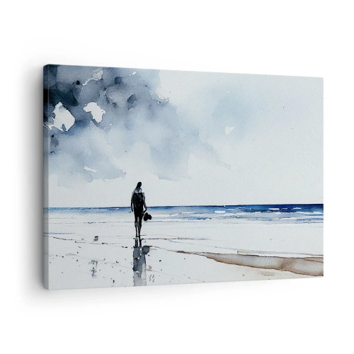 Tablou pe pânză Canvas - O figură pe o plajă într-un mediu marin calm - 70x50cm - Vorbind cu marea - Decorațiune modernă pentru perete pentru living și dormitor ARTTOR