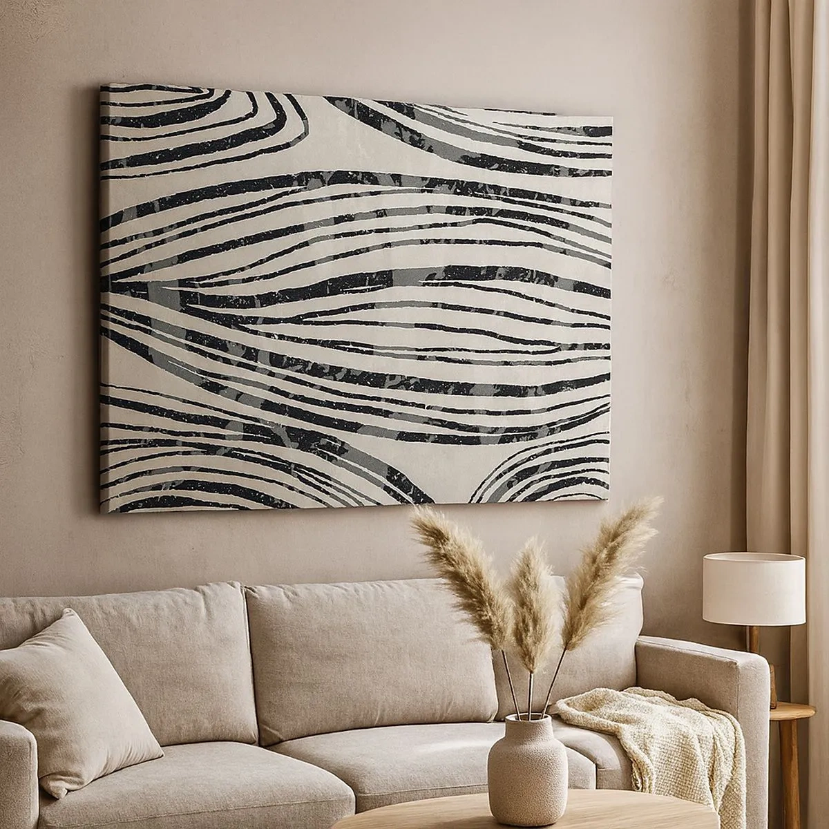 Tablou pe pânză Canvas - Valuri abstracte în nuanțe alb-negru - 70x50cm - Deversare de linii - Decorațiune modernă pentru perete pentru living și dormitor ARTTOR