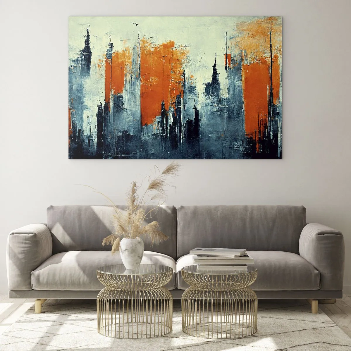 Tablou pe sticlă - O panoramă a unui oraș modern în nuanțe de gri și portocaliu - 70x50cm - Peisaj modern - Decorațiune modernă pentru perete pentru living și dormitor ARTTOR