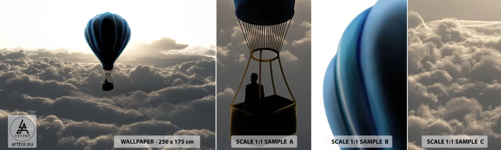 Mostră tapet autocolant Deluxe Sticker - Rătăcitor deasupra norilor - Peisaj, Zborul cu balonul, Călătorii - 100x30 cm