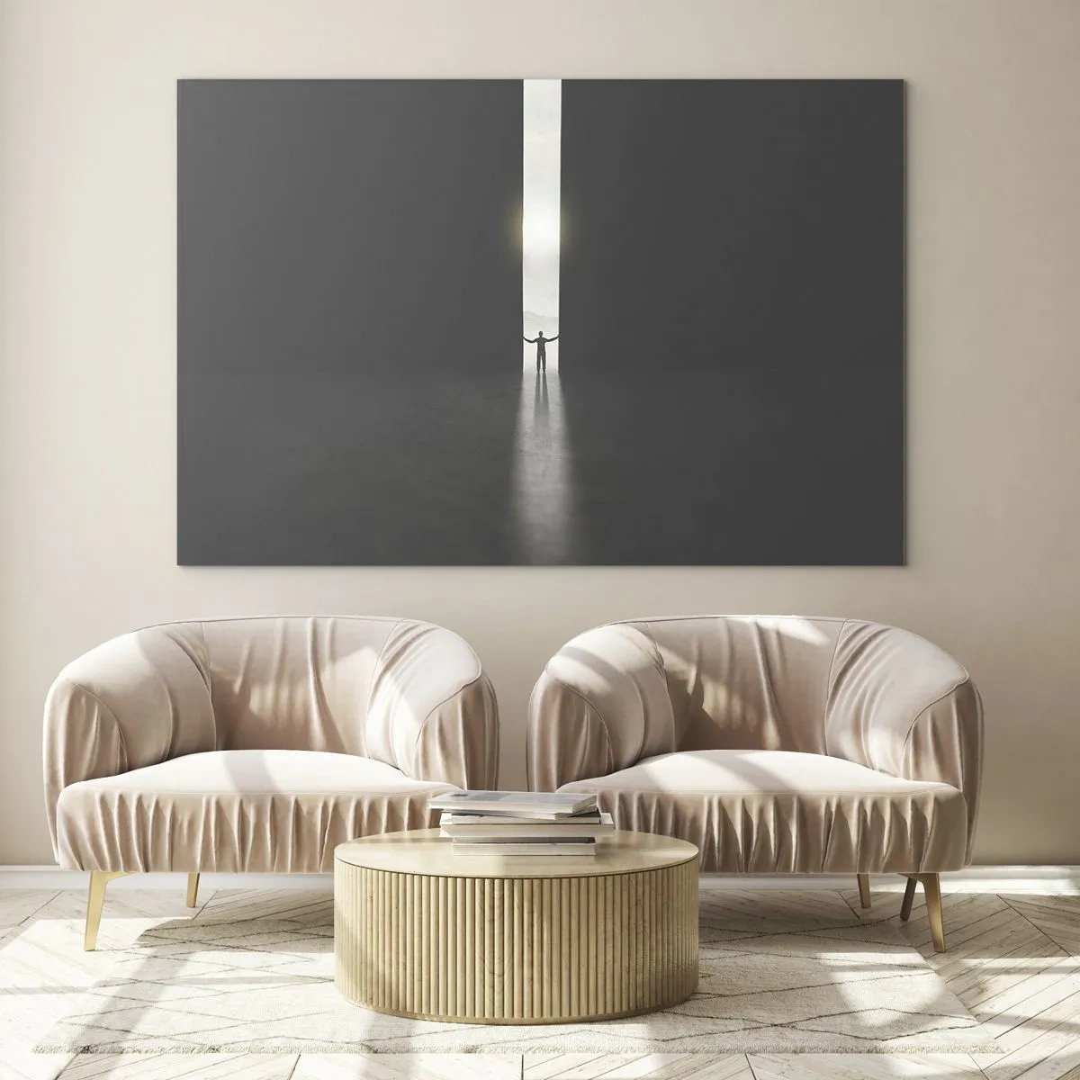 Tablou pe sticlă - Silueta unui bărbat care deschide o ușă către o lumină puternică - 70x50cm - Un pas spre un viitor luminos - Decorațiune modernă pentru perete pentru living și dormitor ARTTOR