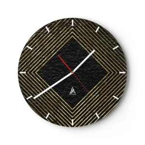 Ceas de perete - Ceas pe sticlă - Linii aurii care formează un romb pe un fundal negru - 30x30cm - Geometrie în stil glamour - Decorațiune modernă pentru perete pentru living, bucătărie și dormitor ARTTOR