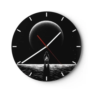Ceas de perete - Ceas pe sticlă - Silueta unui astronaut în fața unei planete mari în spațiu - 30x30cm - Față în față - Decorațiune modernă pentru perete pentru living, bucătărie și dormitor ARTTOR