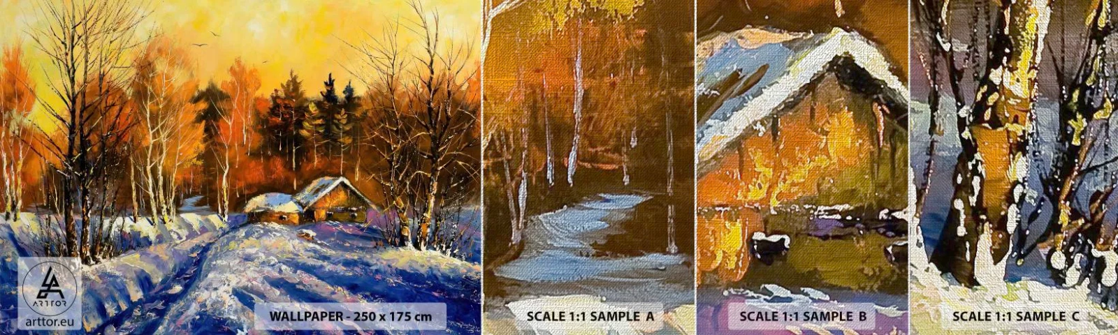Mostră tapet Premium Canvas - Impresie de iarnă în soare - Peisaj, Iarnă, Cabană de munte - 100x30 cm