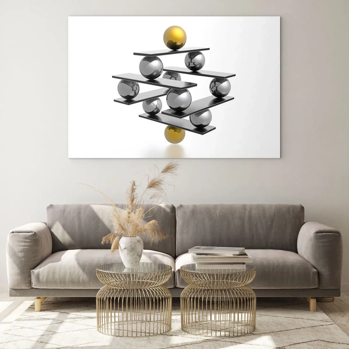Tablou pe sticlă - Compoziție geometrică cu bile și platforme pe fundal alb - 70x50cm - Balanța aur-argint - Decorațiune modernă pentru perete pentru living și dormitor ARTTOR