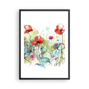 Poster în ramă neagră - O pictură în acuarelă reprezentând o pajiște cu maci și flori sălbatice. - 50x70cm - O pajiște înflorită în luna mai - Decorațiune modernă pentru perete pentru living și dormitor ARTTOR