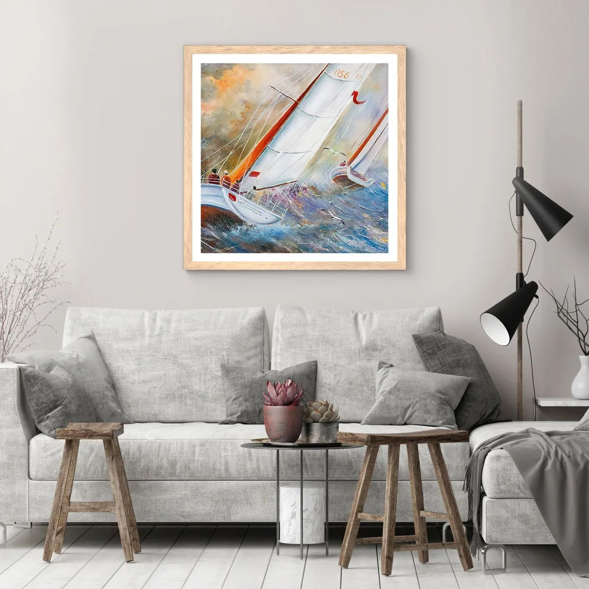 Poster în ramă de stejar deschis - Alergătoare pe valuri - 40x40 cm