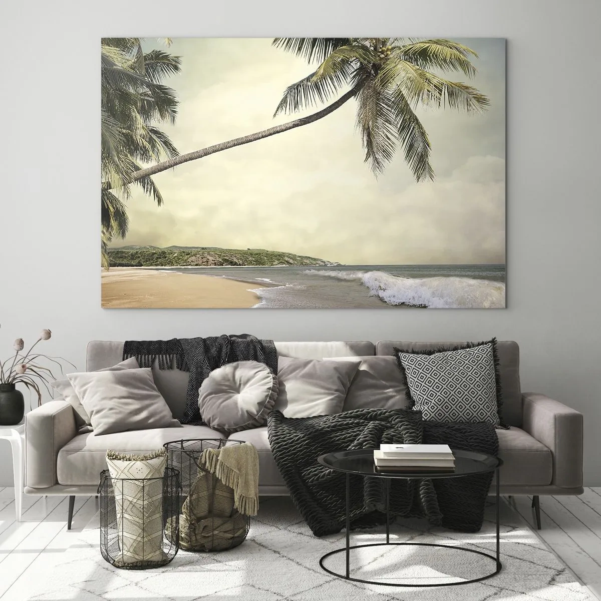 Tablou pe sticlă - Plajă tropicală cu palmieri și valuri - 70x50cm - Vis tropical - Decorațiune modernă pentru perete pentru living și dormitor ARTTOR