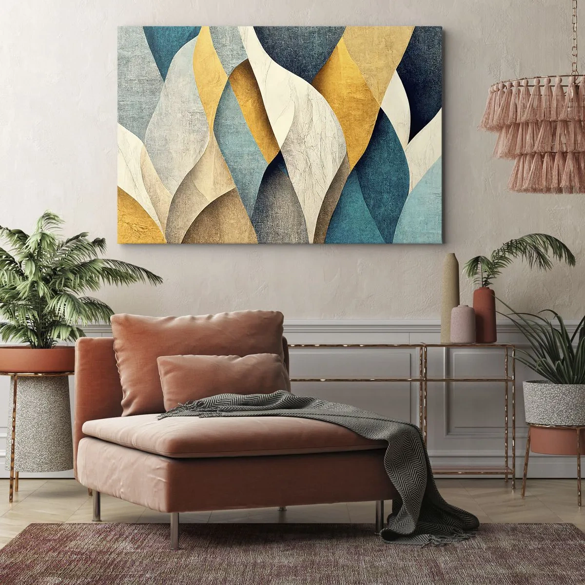 Tablou pe pânză Canvas - Valuri abstracte în nuanțe de albastru și auriu - 70x50cm - Ritm și ondulare - Decorațiune modernă pentru perete pentru living și dormitor ARTTOR