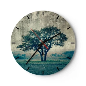 Ceas de perete - Ceas pe sticlă - Un copac singuratic pe fundalul unui peisaj albastru - 30x30cm - Un măr pe o pajiște albastră? - Decorațiune modernă pentru perete pentru living, bucătărie și dormitor ARTTOR