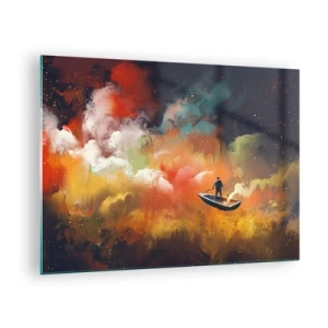 Tablou pe sticlă - O figură pe o barcă plutind printre nori galactici colorați - 70x50cm - Cu barca prin galaxie - Decorațiune modernă pentru perete pentru living și dormitor ARTTOR