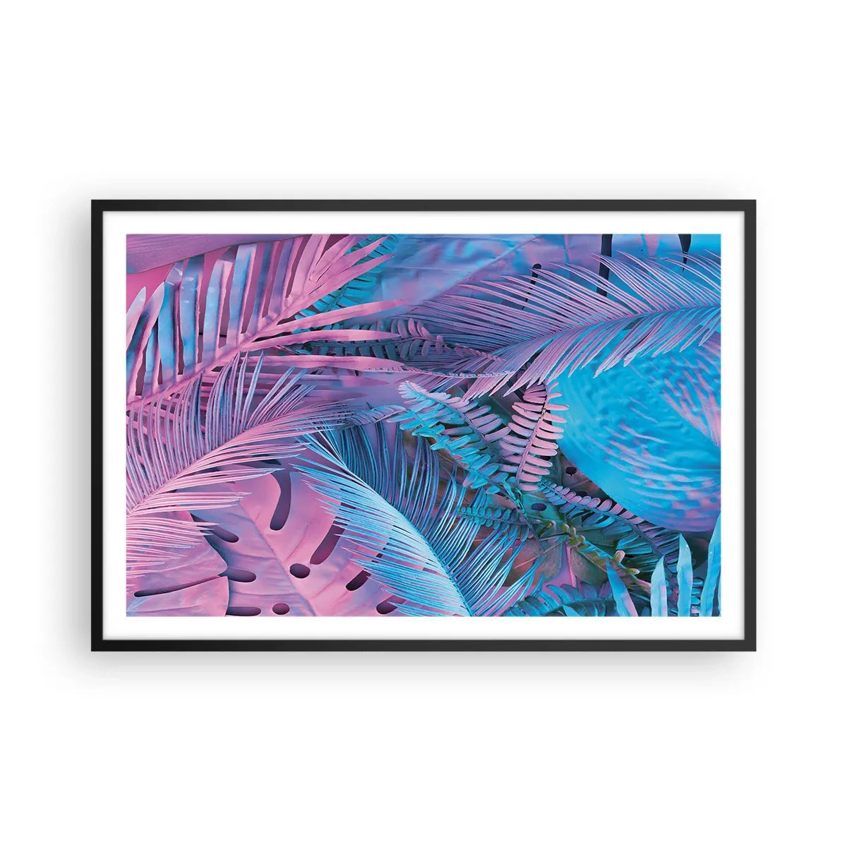 Poster în ramă neagră - Palmieri în alb și albastru - 91x61 cm
