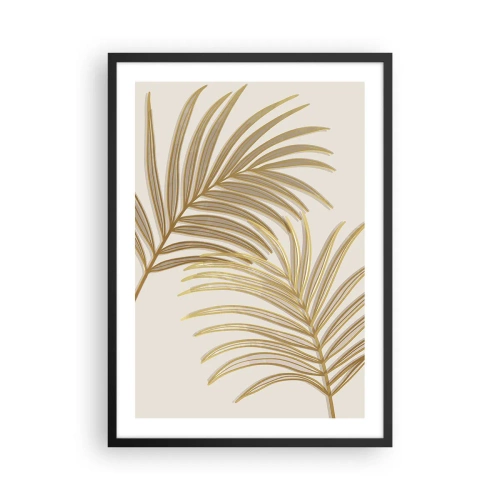 Poster în ramă neagră - Frunze de palmier aurii într-un stil minimalist pe un fundal deschis - 50x70cm - Palmier de aur! - Decorațiune modernă pentru perete pentru living și dormitor ARTTOR