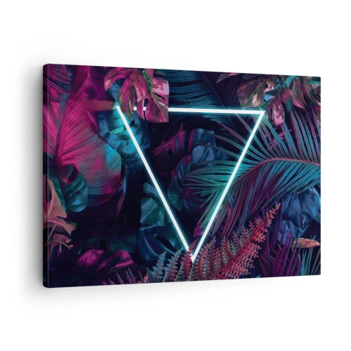Tablou pe pânză Canvas - Un triunghi neon înconjurat de frunze tropicale în culori închise. - 70x50cm - Grădină în stil disco - Decorațiune modernă pentru perete pentru living și dormitor ARTTOR