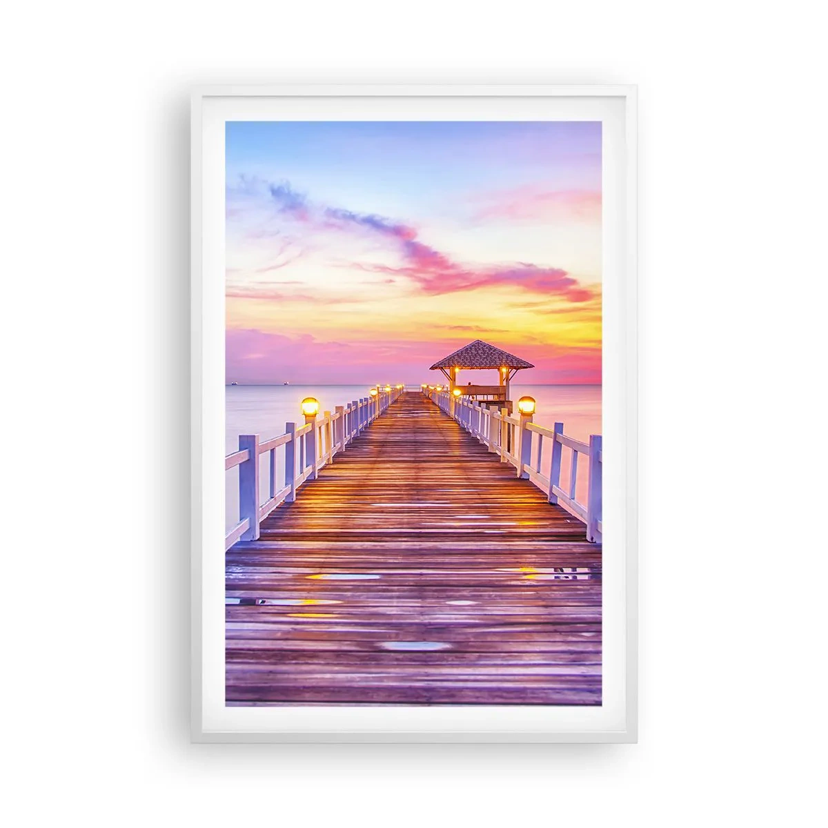 Poster în ramă albă - Tăcerea serii în liliac-auriu - 61x91 cm