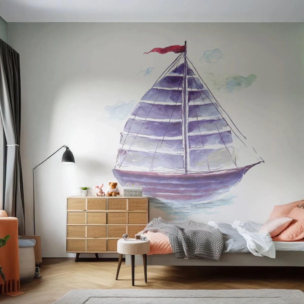 Tapet Premium Sand - Pânze pline și apă calmă - Barcă cu pânze, Litoral, Mare - 100x70 cm