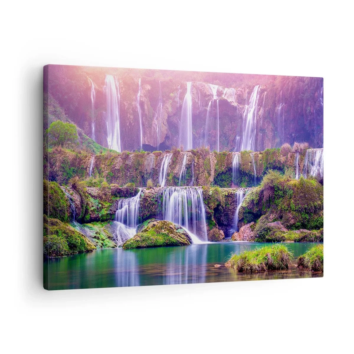 Tablou pe pânză Canvas - Cascade înconjurate de verdeață, cu iluminare pastelată - 70x50cm - Scara către cer - Decorațiune modernă pentru perete pentru living și dormitor ARTTOR