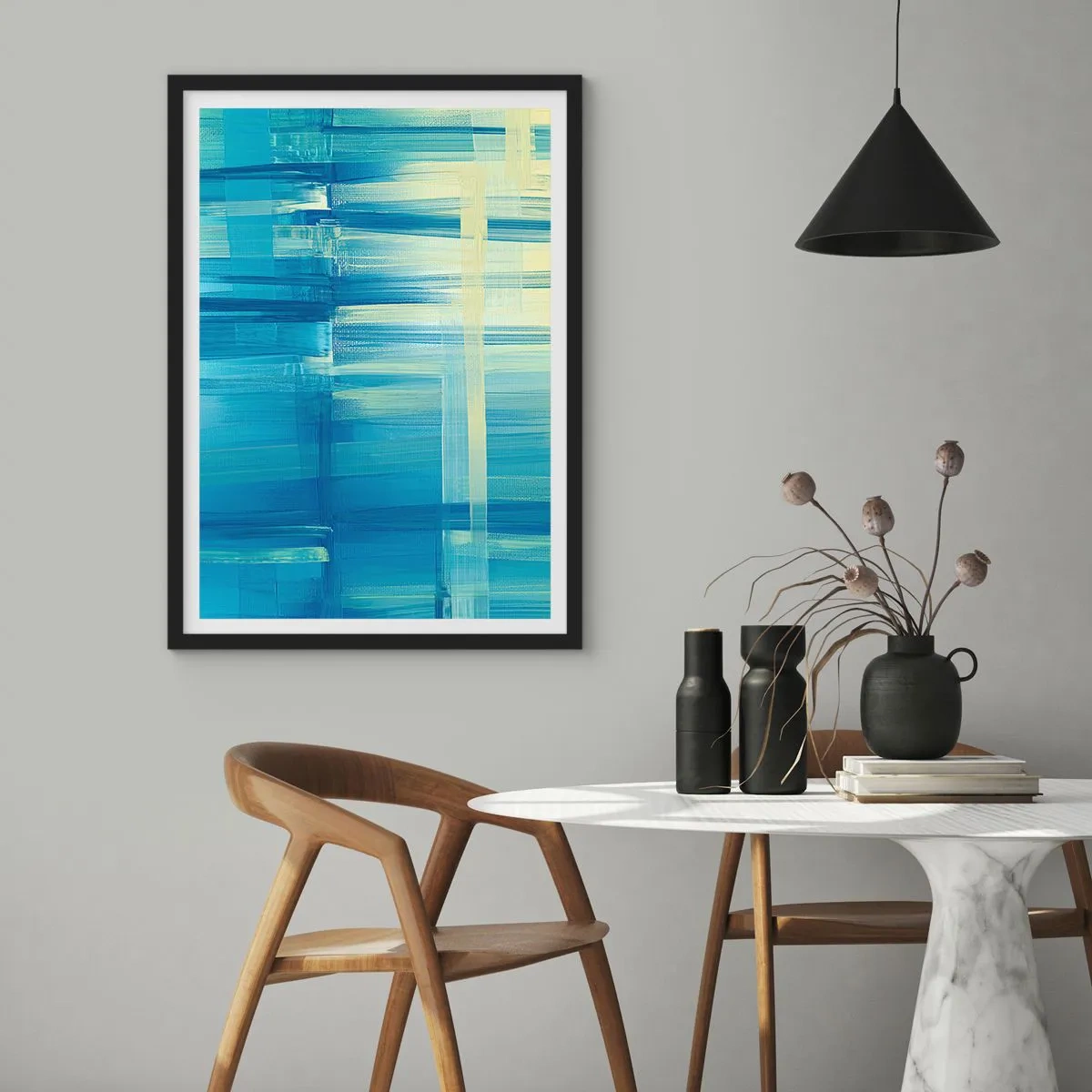 Poster în ramă neagră - Compoziție abstractă în nuanțe de albastru și galben - 50x70cm - Compoziție în turcoaz - Decorațiune modernă pentru perete pentru living și dormitor ARTTOR