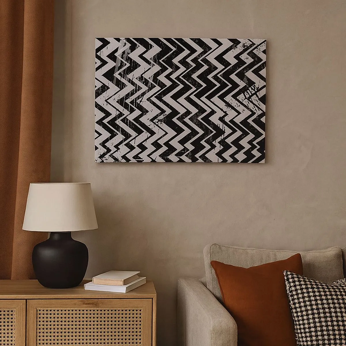 Tablou pe pânză Canvas - Model în zig-zag alb-negru cu abraziuni artistice - 70x50cm - Zig-alb, zag-negru - Decorațiune modernă pentru perete pentru living și dormitor ARTTOR