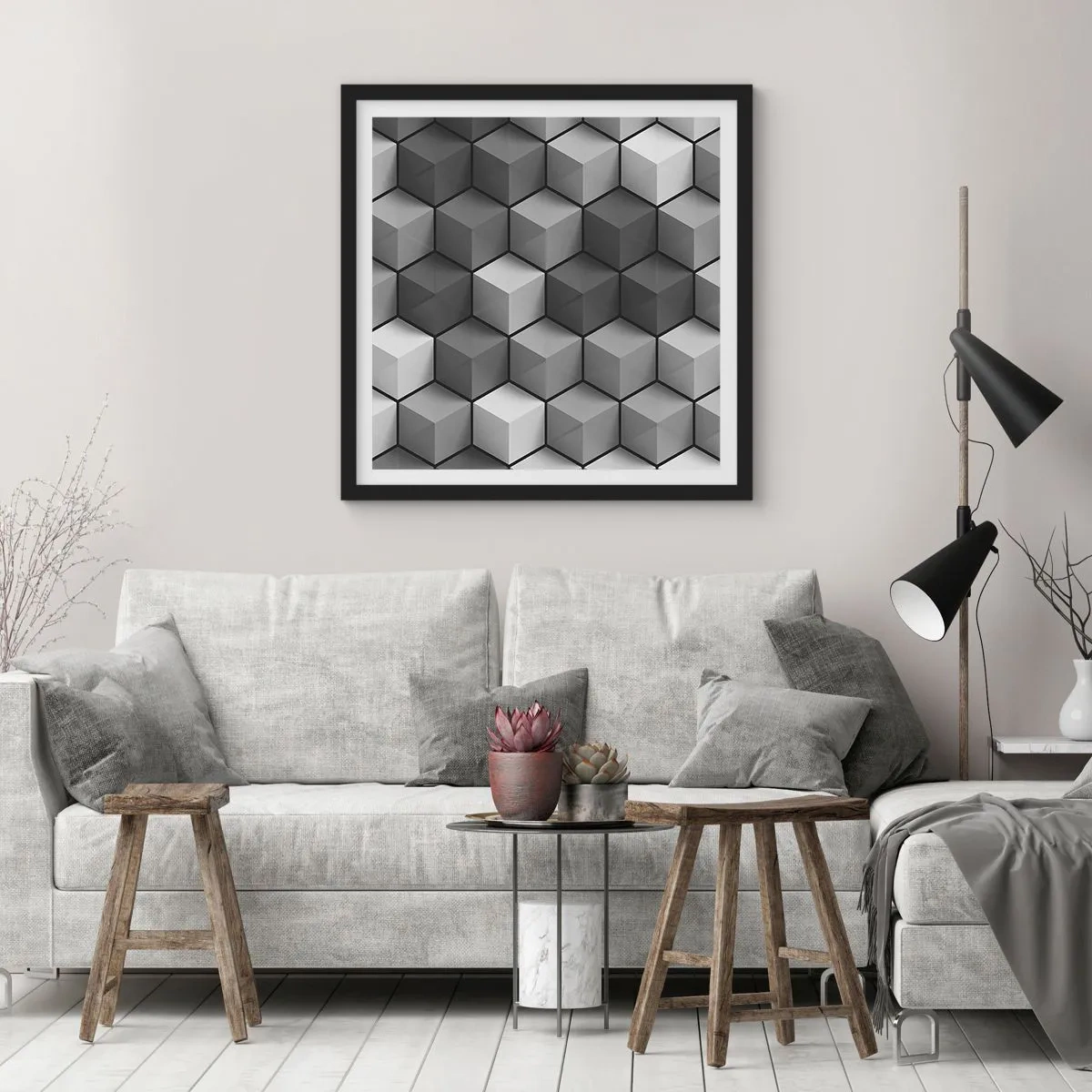 Poster în ramă neagră - Puzzle cubist - 50x50 cm