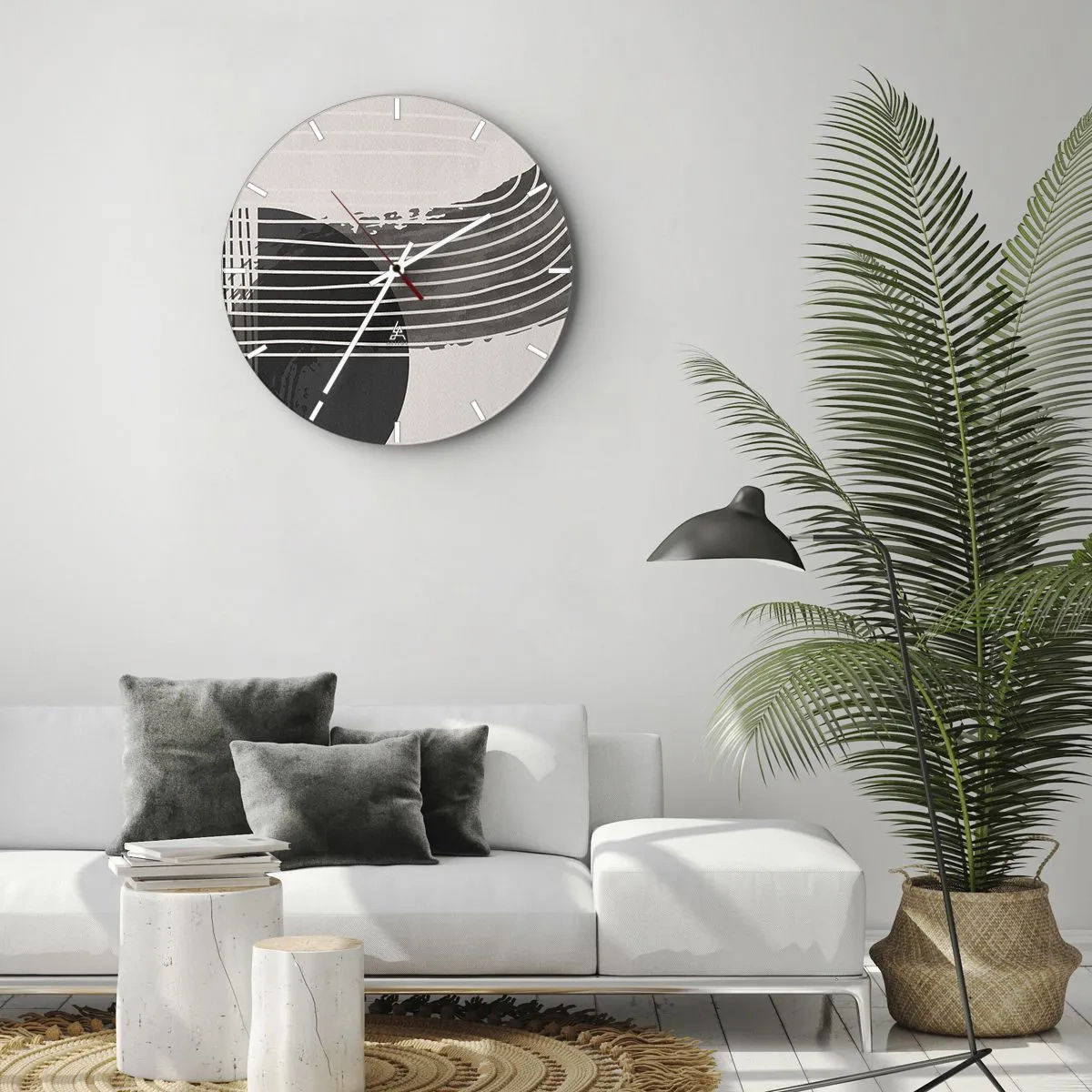 Ceas de perete - Ceas pe sticlă - Compoziție geometrică cu linii și semicercuri în nuanțe de gri. - 30x30cm - Până acolo și înapoi - Decorațiune modernă pentru perete pentru living, bucătărie și dormitor ARTTOR