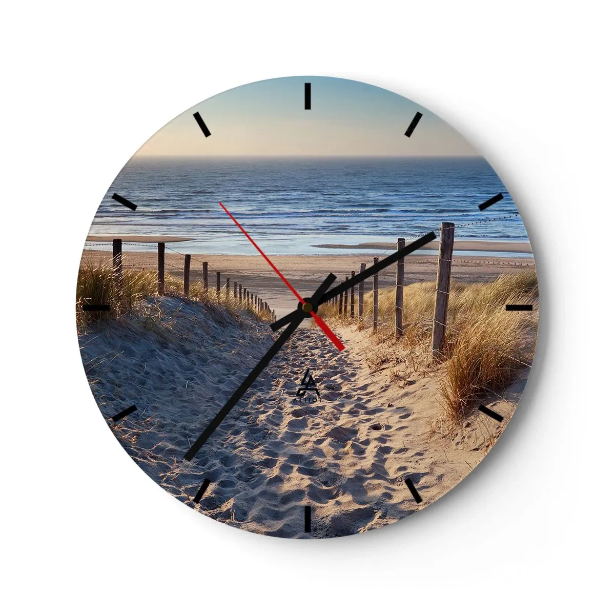 Ceas de perete - Ceas pe sticlă - O potecă printre dune care duce la plajă cu vedere la mare - 30x30cm - Zumzet de mare, o plajă sălbatică printre ierburi... - Decorațiune modernă pentru perete pentru living, bucătărie și dormitor ARTTOR