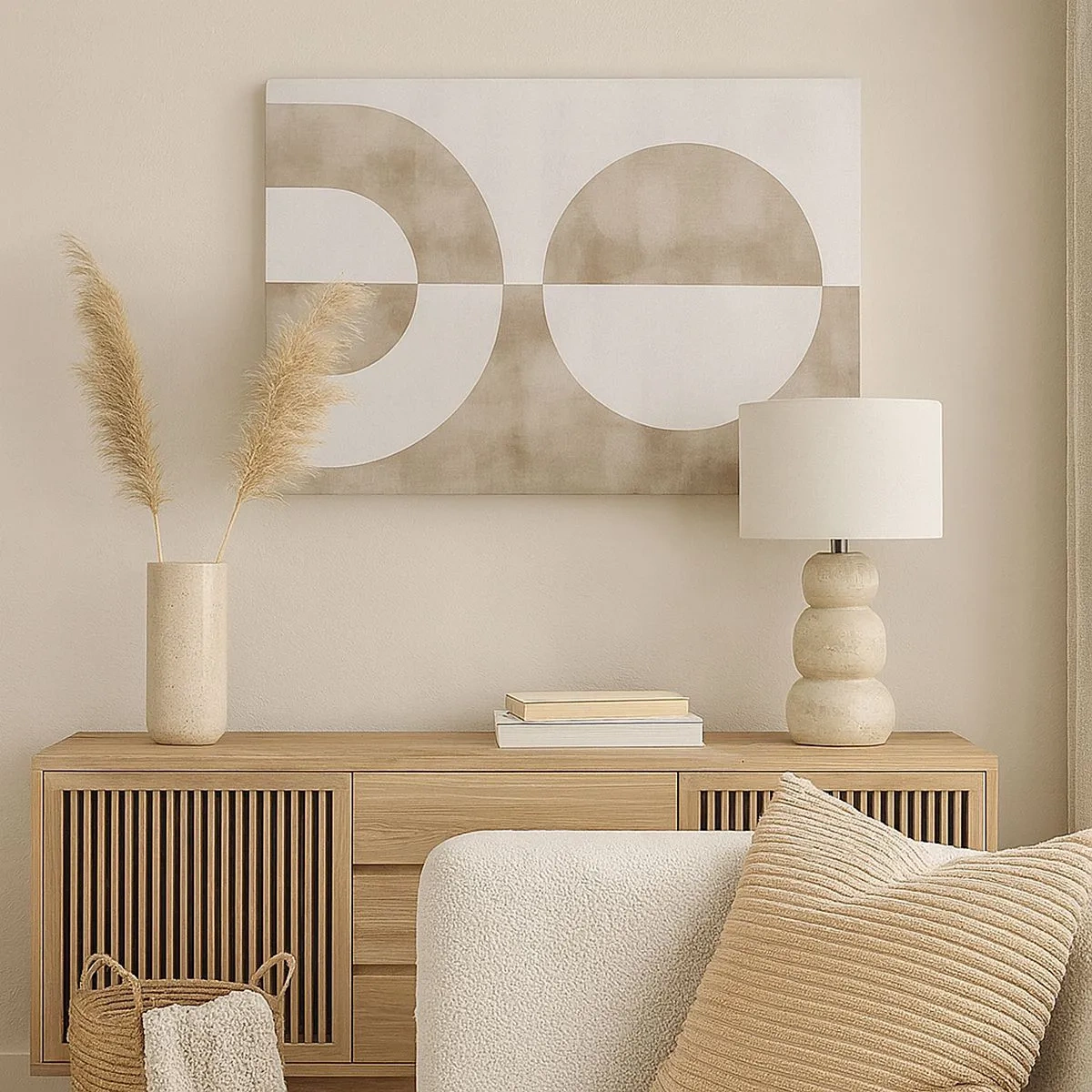 Tablou pe pânză Canvas - O pictură abstractă în nuanțe de bej cu forme geometrice și simetrie. - 70x50cm - Similitudini și diferențe - Decorațiune modernă pentru perete pentru living și dormitor ARTTOR