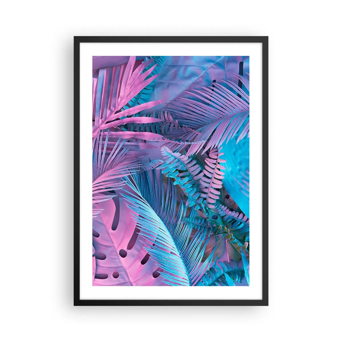 Poster în ramă neagră - Frunze tropicale colorate în nuanțe neon de roz și albastru - 50x70cm - Palmieri în alb și albastru - Decorațiune modernă pentru perete pentru living și dormitor ARTTOR