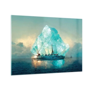 Tablou pe sticlă - O corabie cu pânze în fața unui ghețar imens în lumina arctică. - 70x50cm - Diamant arctic - Decorațiune modernă pentru perete pentru living și dormitor ARTTOR