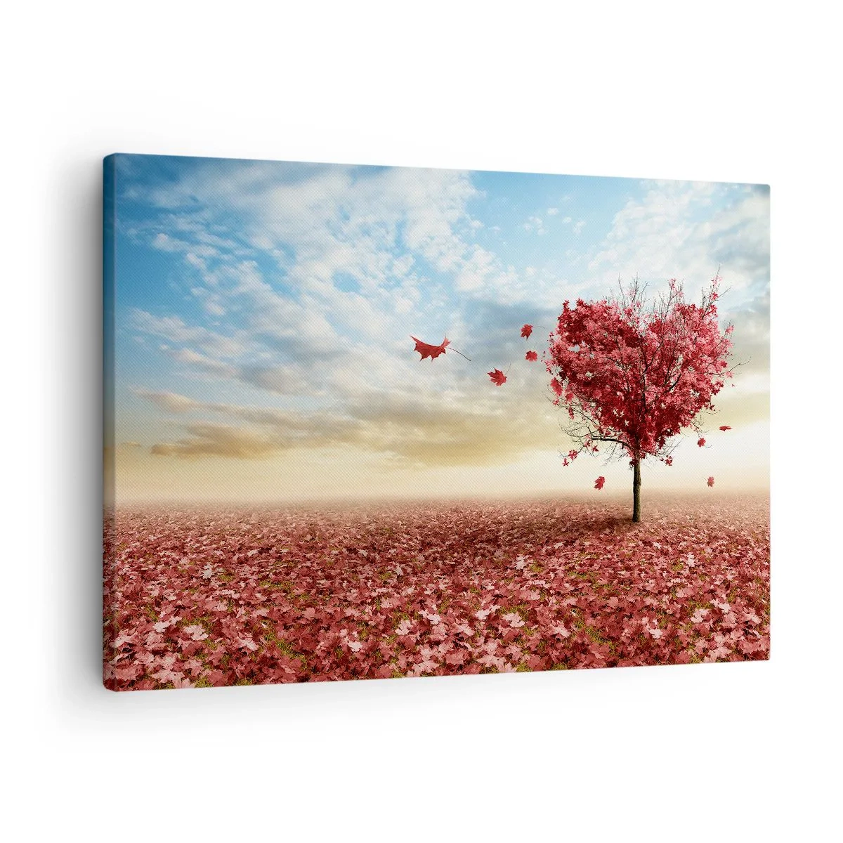 Tablou pe pânză Canvas - Un copac singuratic în formă de inimă într-un câmp cu frunze roșii - 70x50cm - Iubește toamna - Decorațiune modernă pentru perete pentru living și dormitor ARTTOR
