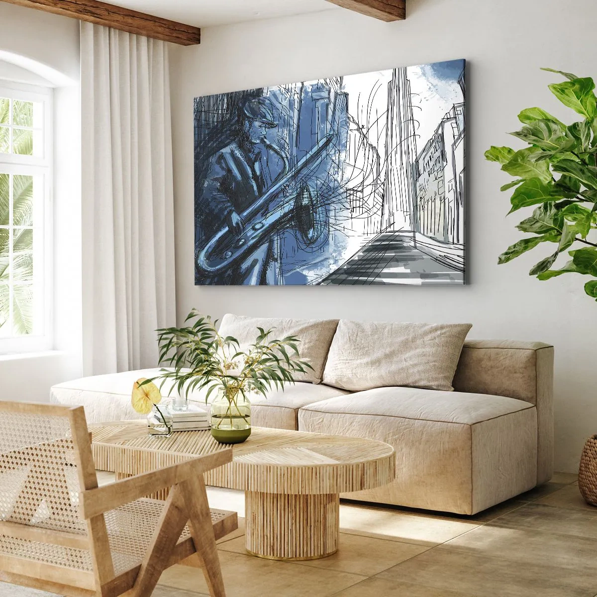 Tablou pe pânză Canvas - figură cântând la saxofon pe fundalul unui oraș - 70x50cm - Rapsodie urbană - Decorațiune modernă pentru perete pentru living și dormitor ARTTOR