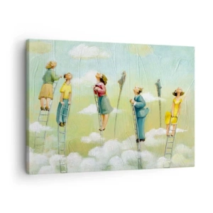 Tablou pe pânză Canvas - Figuri urcând scări printre nori pe un fundal pastel. - 70x50cm - Urmează-ți visul - Decorațiune modernă pentru perete pentru living și dormitor ARTTOR
