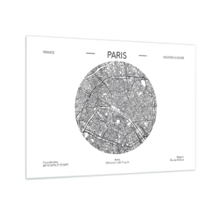 Tablou pe sticlă - O hartă circulară a Parisului în ilustrație alb-negru - 70x50cm - Anatomia Parisului - Decorațiune modernă pentru perete pentru living și dormitor ARTTOR