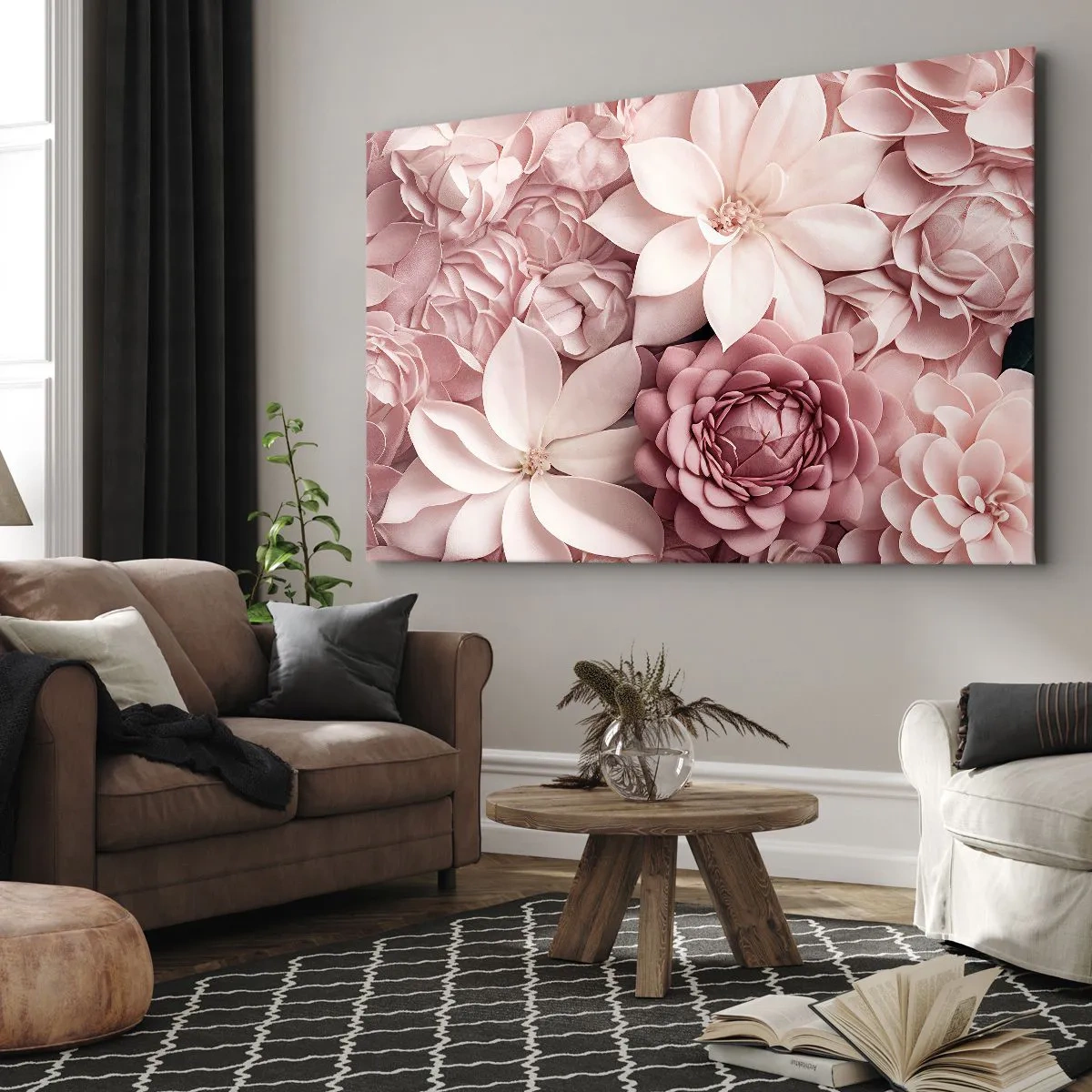 Tablou pe pânză Canvas - Flori în nuanțe de roz și alb, într-o abordare artistică - 70x50cm - În petale roz - Decorațiune modernă pentru perete pentru living și dormitor ARTTOR