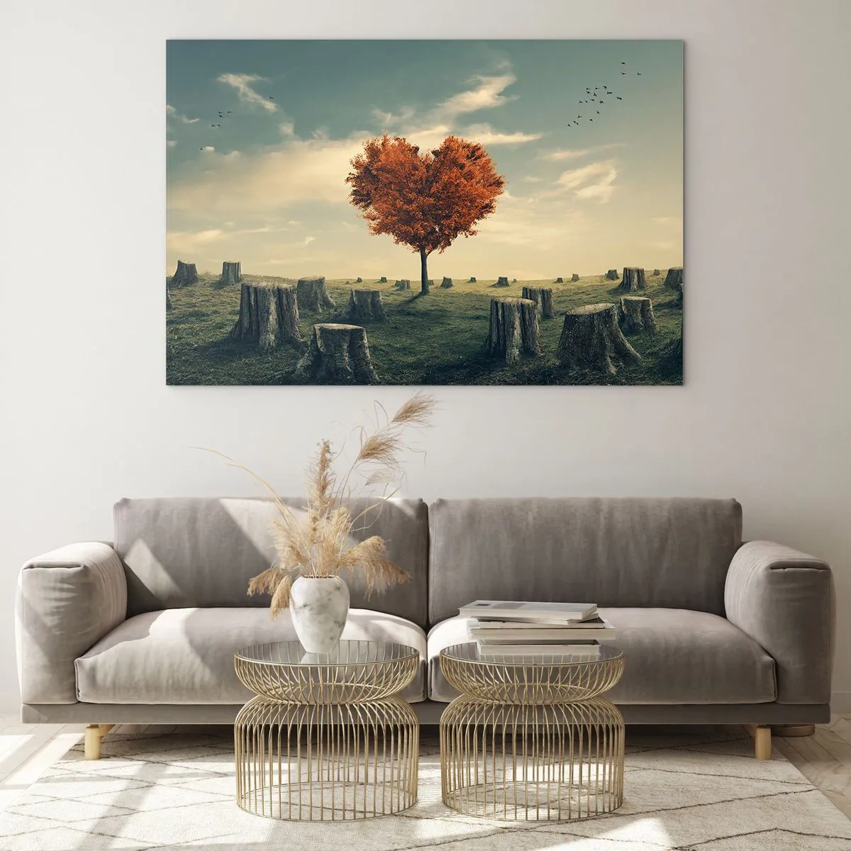 Tablou pe sticlă - Un copac în formă de inimă înconjurat de trunchiuri tăiate într-o poiană - 70x50cm - Încă mai există speranță - Decorațiune modernă pentru perete pentru living și dormitor ARTTOR