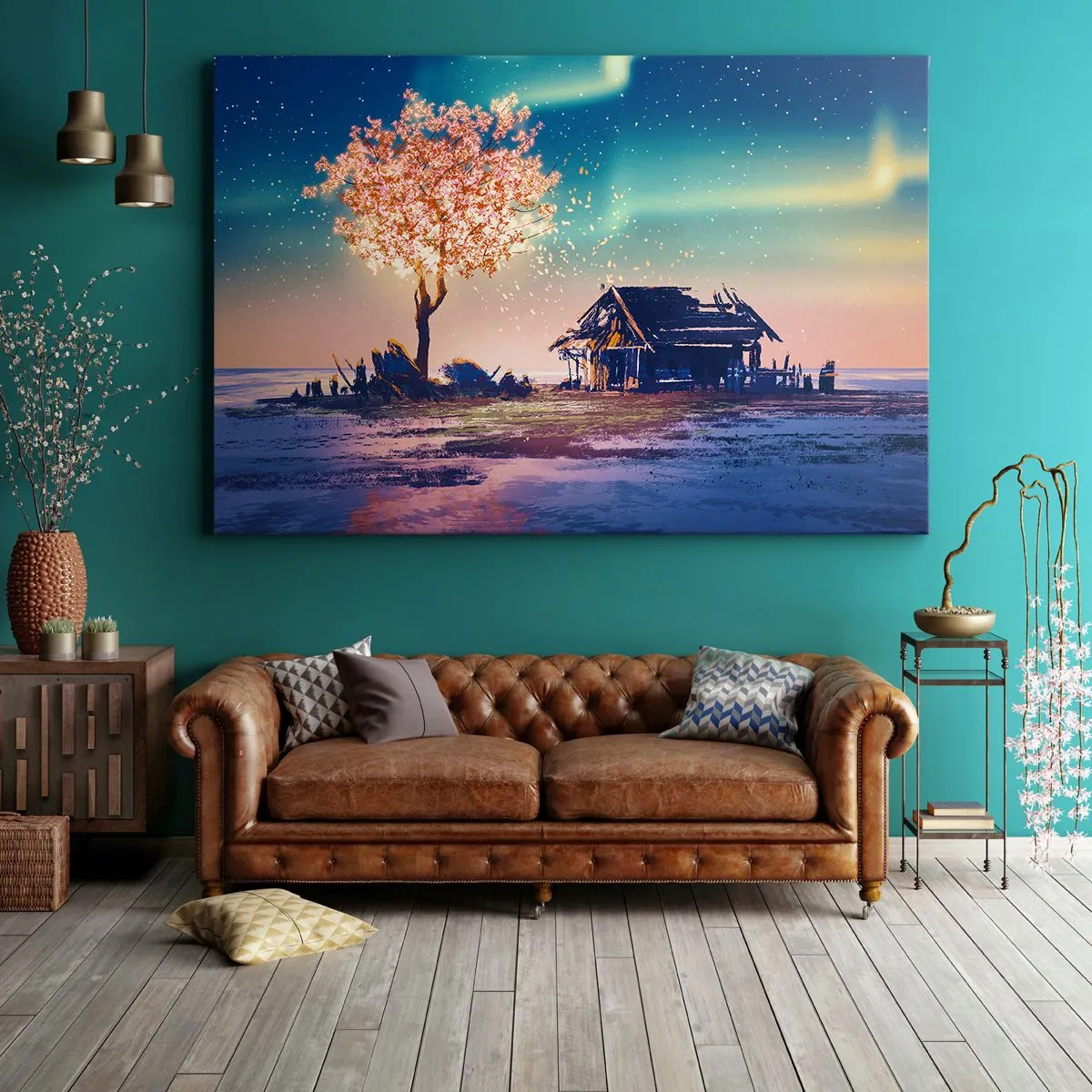 Tablou pe pânză Canvas - O casă și un copac înflorit sub cerul nopții - 70x50cm - Natura nu trece - Decorațiune modernă pentru perete pentru living și dormitor ARTTOR