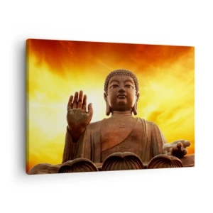 Tablou pe pânză Canvas - O statuie a lui Buddha pe un cer auriu al apusului - 70x50cm - Pacea lumii - Decorațiune modernă pentru perete pentru living și dormitor ARTTOR