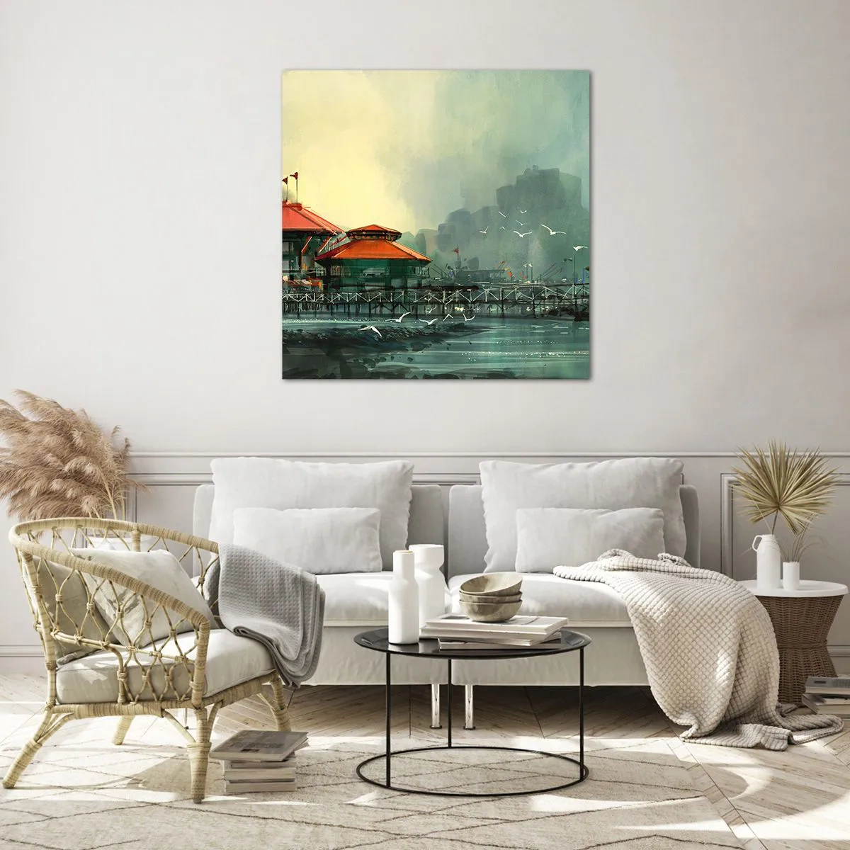 Tablou pe sticlă - O zi ploioasă în port - 60x60 cm