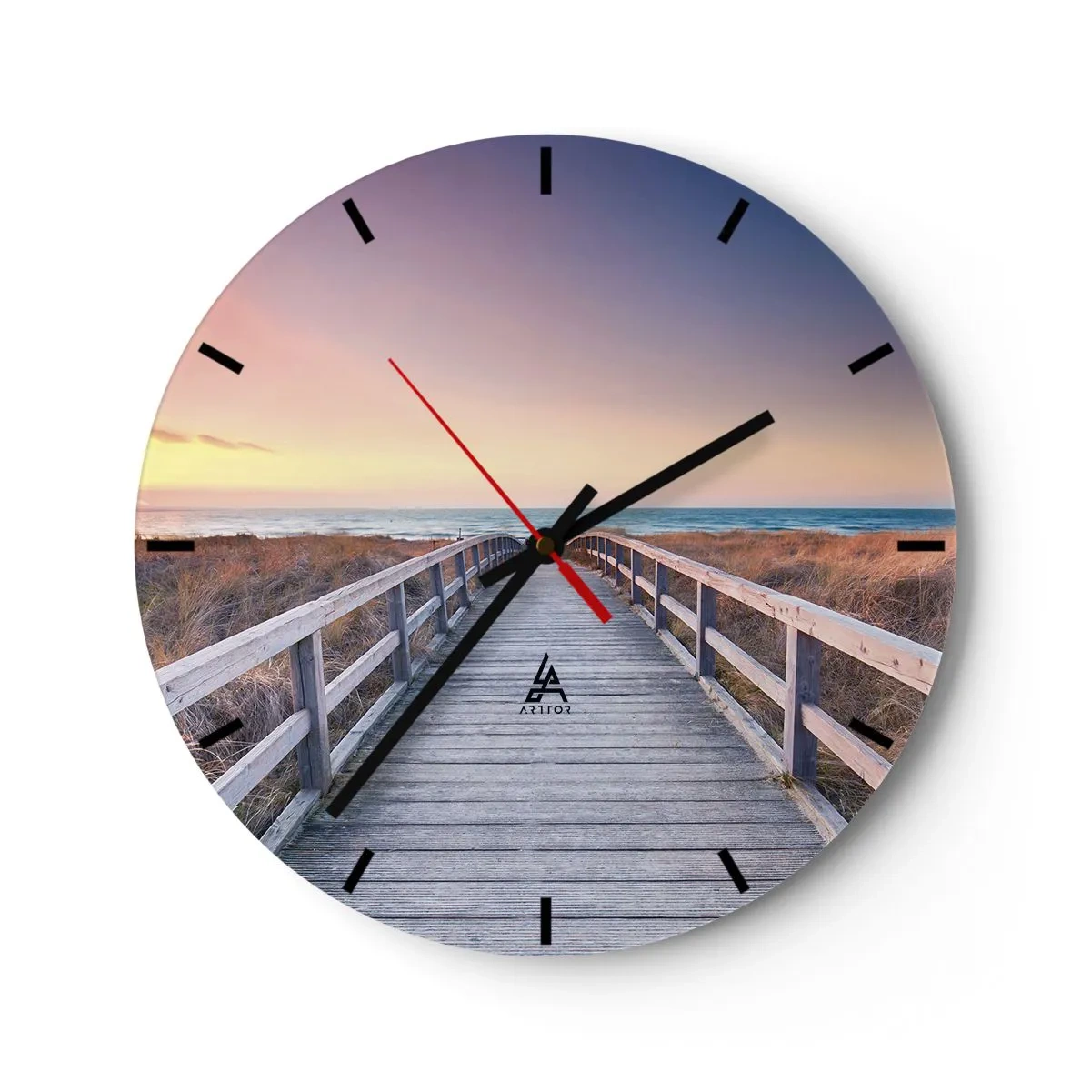 Ceas de perete - Ceas pe sticlă - Cale de lemn care duce spre mare la apus - 30x30cm - Aurora baltică de seară - Decorațiune modernă pentru perete pentru living, bucătărie și dormitor ARTTOR