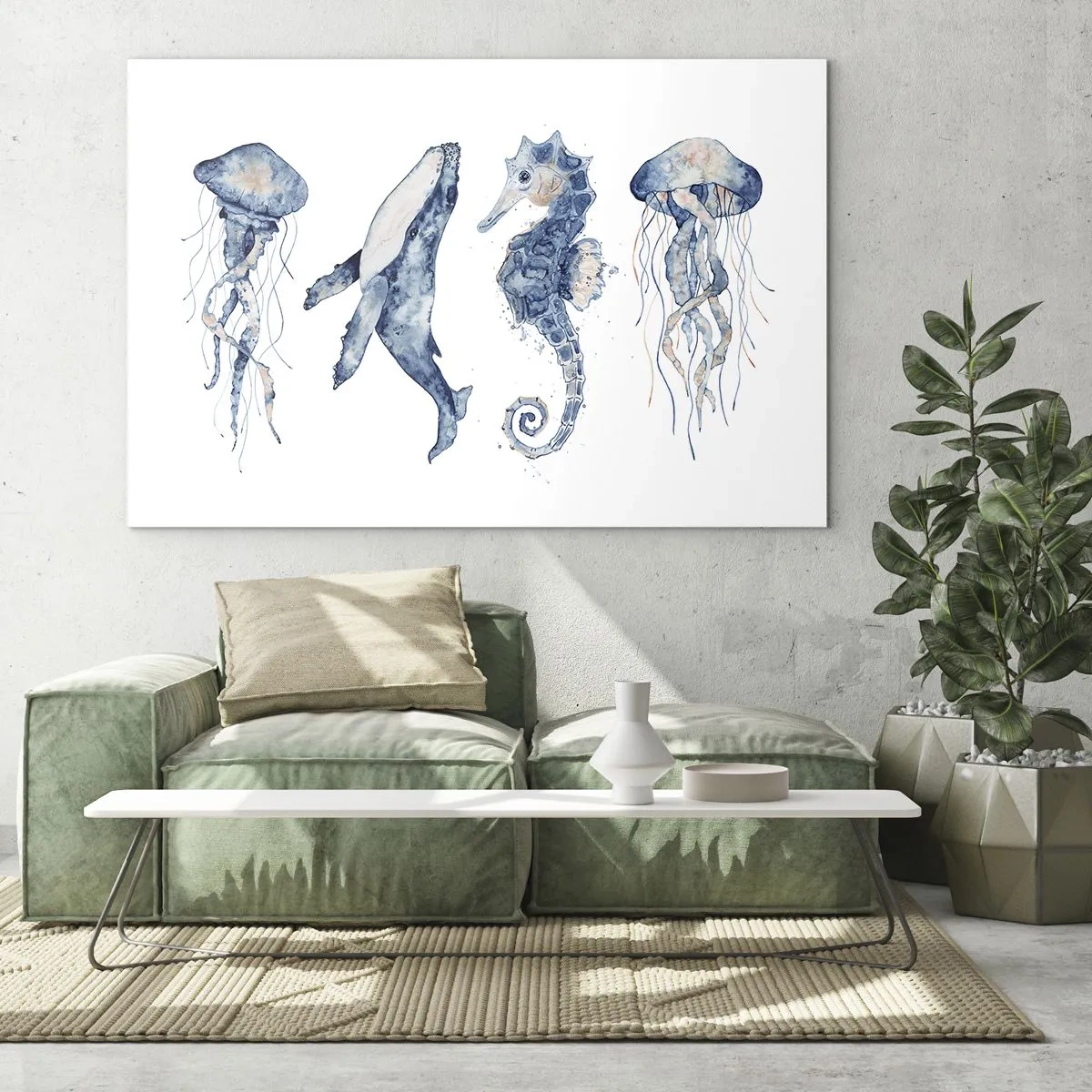Tablou pe sticlă - Creaturi marine într-un stil delicat de acuarelă - 70x50cm - Fauna marină sălbatică - Decorațiune modernă pentru perete pentru living și dormitor ARTTOR