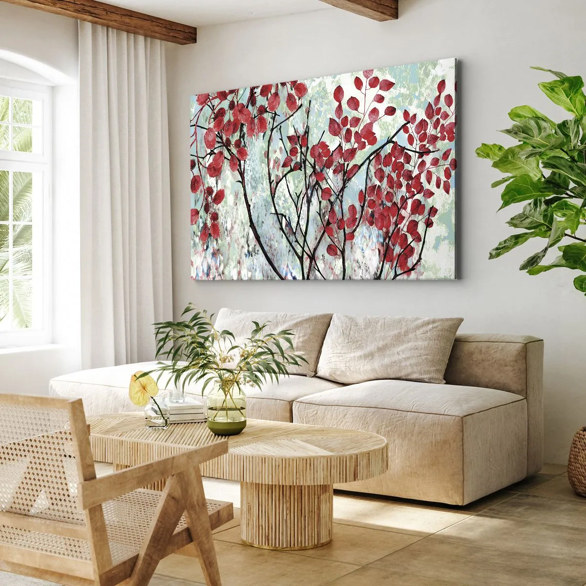 Tablou pe pânză Canvas - Frunze roșii pe un cer strălucitor cu modele abstracte - 70x50cm - Arbore în stacojiu - Decorațiune modernă pentru perete pentru living și dormitor ARTTOR