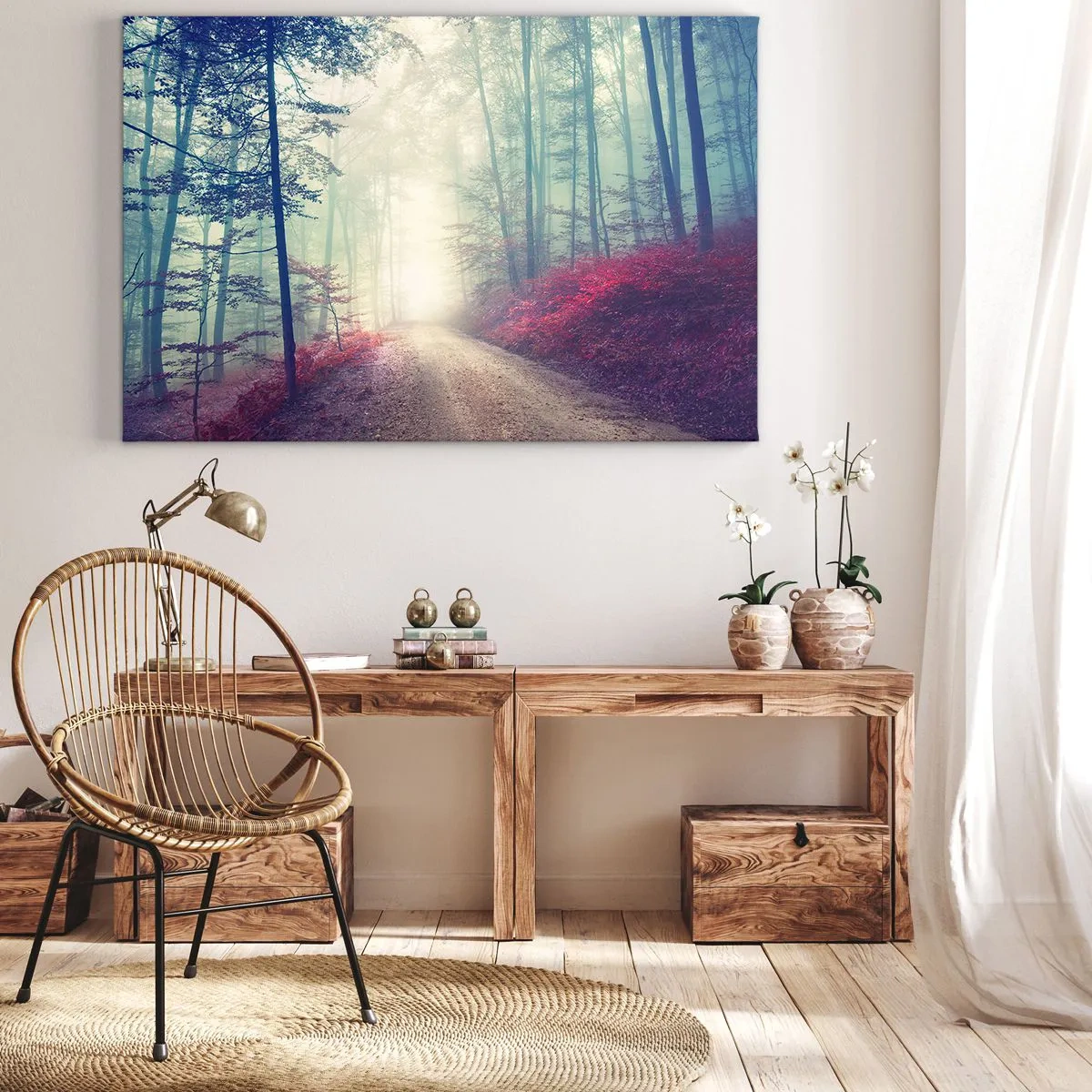 Tablou pe pânză Canvas - O potecă magică de pădure înconjurată de copaci și ceață - 70x50cm - Ce bine e să te trezești în zori de ziuă - Decorațiune modernă pentru perete pentru living și dormitor ARTTOR