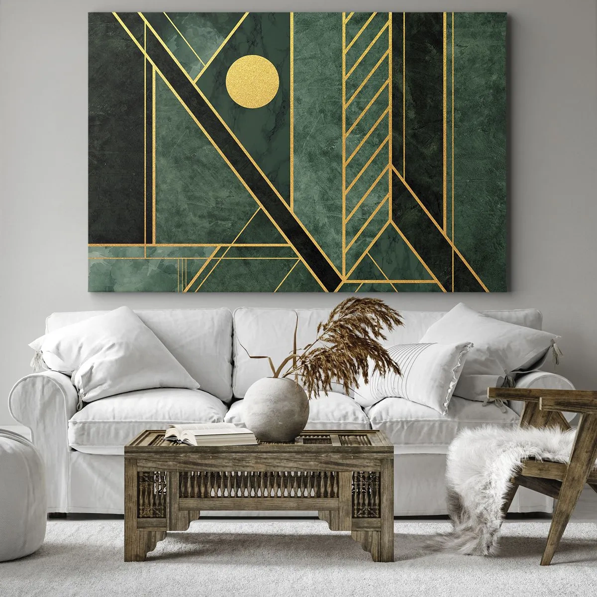Tablou pe pânză Canvas - Design geometric verde și auriu cu un model elegant - 70x50cm - Dinamica aurului și a azurului - Decorațiune modernă pentru perete pentru living și dormitor ARTTOR